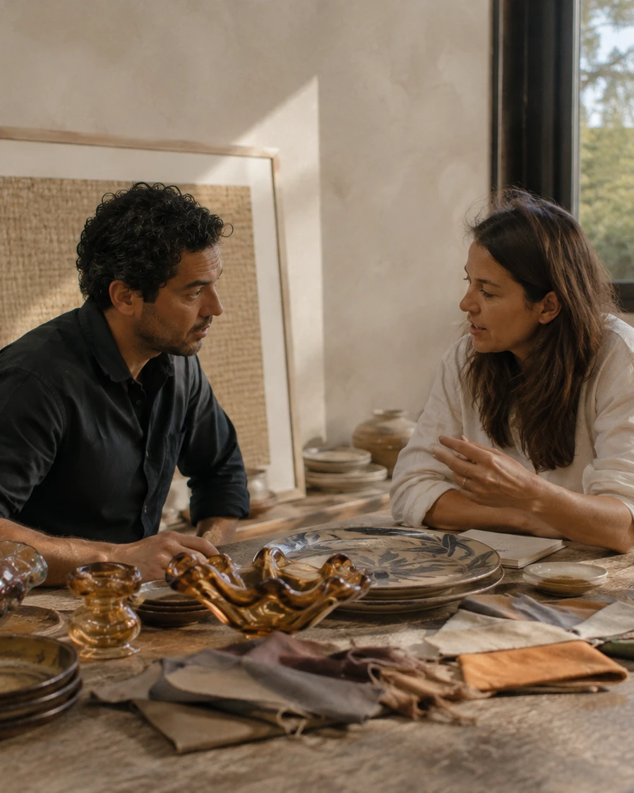 The Mezcla founders discussing a selection of hand-painted ceramics and art glass at their worktable