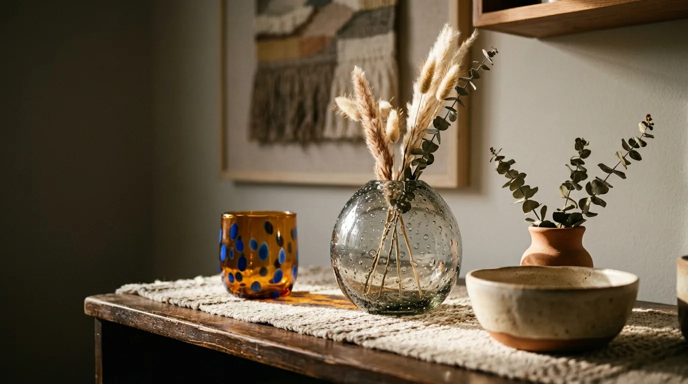 Hand-blown bubble glass vase, cobalt-dotted amber glass, and a stoneware bowl on a sunlit console